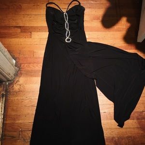 Slit Back Black La Femme Evening Gown with Cape s8